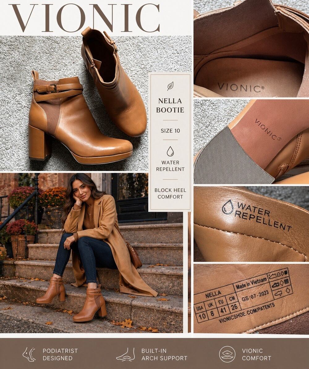Vionic Nella Ankle Boots Heeled Camel Light Brown Tan Leather Water Repellent 10